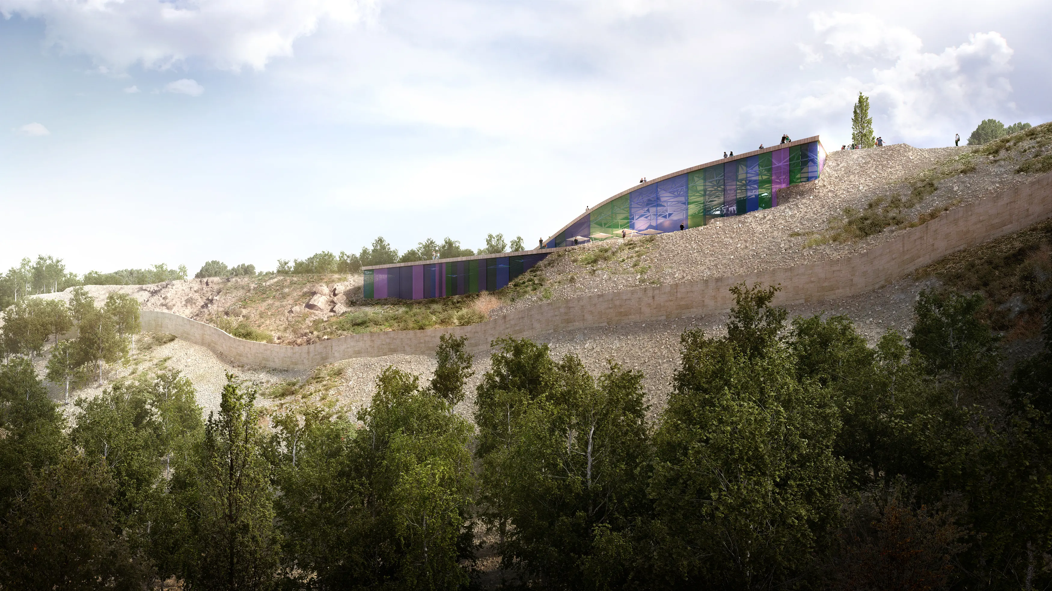 Prismatic cultural centre embedded in a rocky hillside.